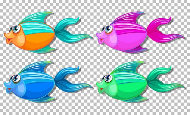 Conjunto de peces de diferentes colores con grandes ojos personaje de dibujos animados en la ilustración de fondo transparente - Vector, Imagen