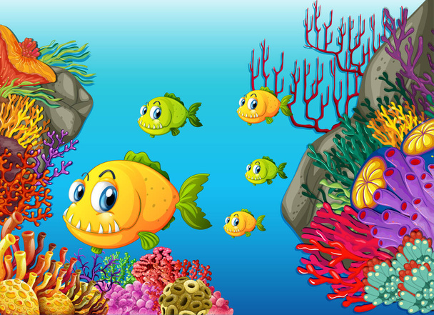 Muchos peces exóticos personaje de dibujos animados en la escena submarina con ilustración de corales - Vector, Imagen