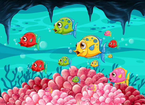 Mnoho exotických ryb karikatura postava v podvodní scéně s korály ilustrace - Vektor, obrázek