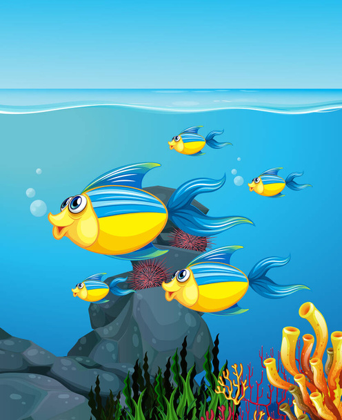 Molti pesci esotici personaggio dei cartoni animati nell'illustrazione di sfondo subacqueo - Vettoriali, immagini
