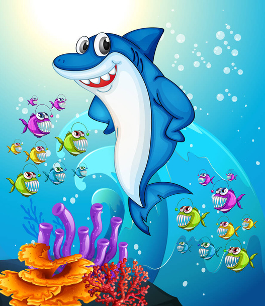 Personaje de dibujos animados tiburón feliz en la escena submarina con muchos peces exóticos ilustración - Vector, Imagen