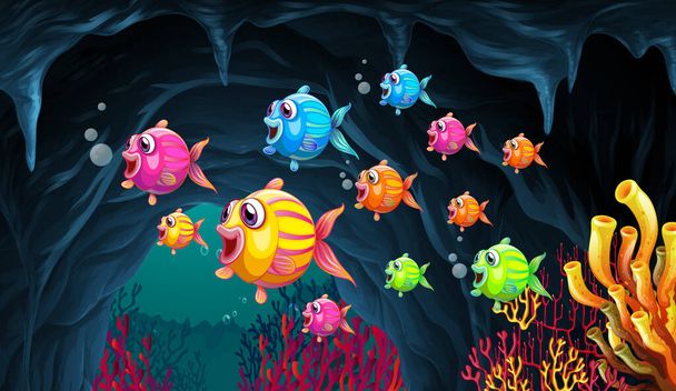 Многие экзотические рыбы мультяшный персонаж на подводном фоне иллюстрации - Вектор,изображение
