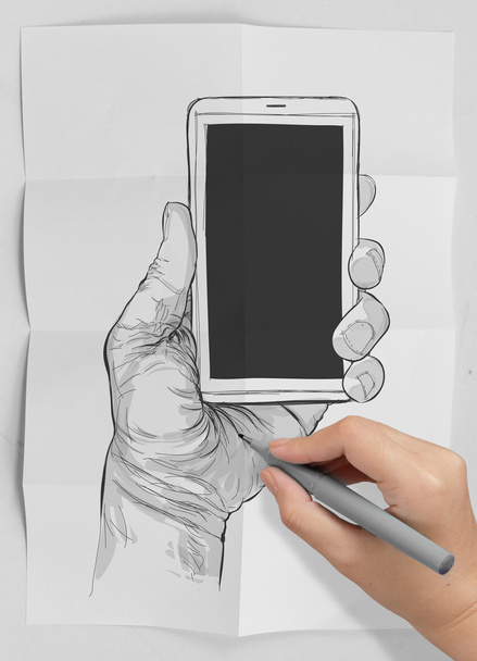Manos dibujadas a mano con el teléfono móvil como concepto
 - Foto, Imagen
