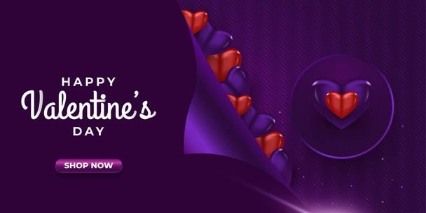 Banner o póster de San Valentín con corazones realistas y papel de regalo abierto en color púrpura oscuro. Plantilla de promoción y compras para el día de San Valentín - Vector, Imagen
