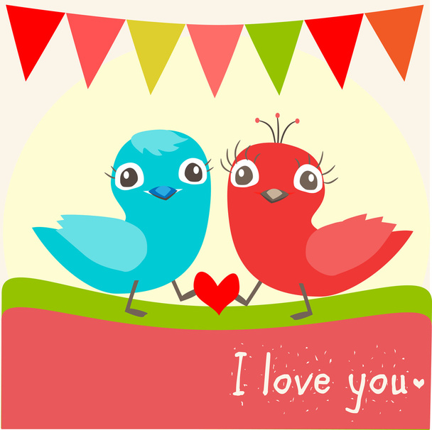 Ilustración vectorial de dos pequeños pájaros enamorados
. - Vector, Imagen