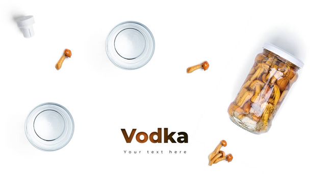 Vodka, bicchieri e sottaceti su sfondo bianco. Formato banner intestazione lunga. banner di intestazione del sito web Panorama. Foto di alta qualità - Foto, immagini