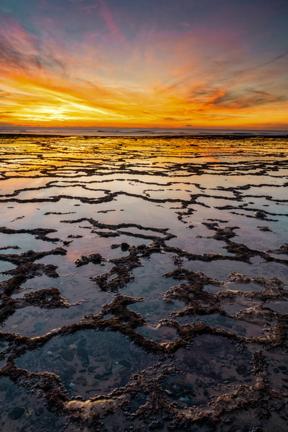 A vertical view of a beautiful sunset over the ocean with rocky beach and tidal pools in the foreground - Photo, Image