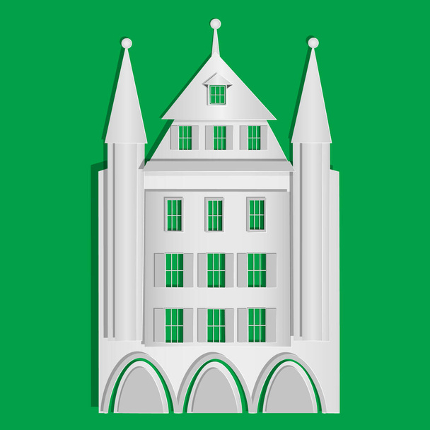 Паперовий будинок ізольований на зеленому тлі. Міська будівля Орігамі з вікнами та дверима. Зовнішній вигляд котеджу з білого паперу вирізане мистецтво та дизайн стилю ремесел. Для банера, плаката, карти. Сток Векторні ілюстрації
 - Вектор, зображення
