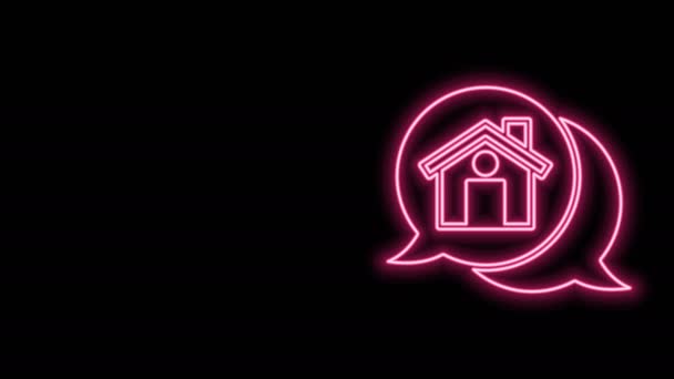 Glowing neon line Real estate message house in speech bubble icon isolated on black background. 4K Video motion graphic animation - Footage, Video
