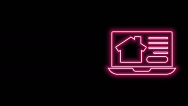 Parlayan neon hattı dizüstü bilgisayardaki emlak evi siyah arka planda izole edilmiş. Ev kredisi konsepti, kira, satın alma, mülk alma. 4K Video hareketli grafik canlandırması - Video, Çekim