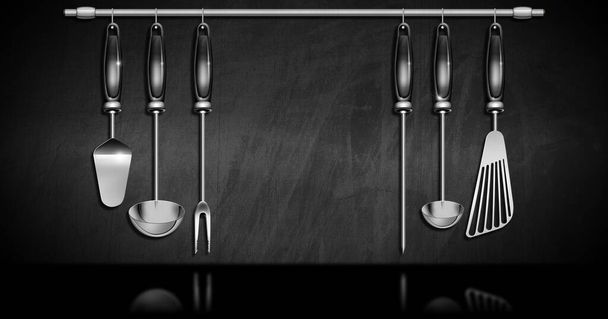 3D illustration of a set of kitchen utensils made of stainless steel and black plastic on a blackboard with copy space. - Photo, Image