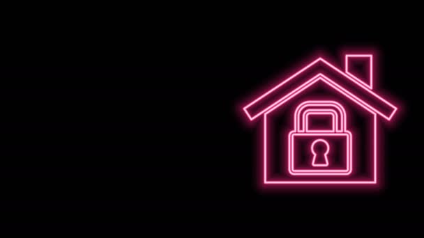 Zářící neonová čára Dům pod ochranou ikony izolované na černém pozadí. Domů a zamknout. Ochrana, bezpečnost, ochrana, obrana, obrana. Grafická animace pohybu videa 4K - Záběry, video