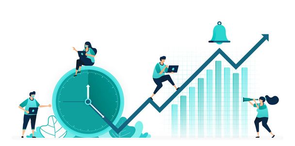 vector illustration of hours and schedules to improve company performance. company profits increasing on chart. women and men workers. designed for website, web, landing page, apps ui ux, poster flyer - Vetor, Imagem