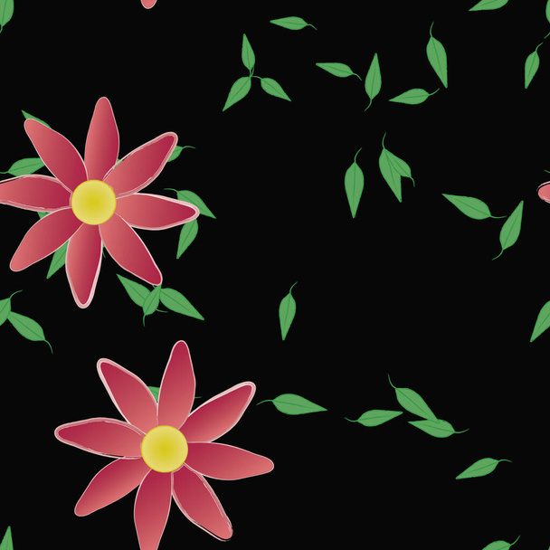 padrão sem costura com flores coloridas simples e folhas verdes para papel de parede, ilustração vetorial - Vetor, Imagem