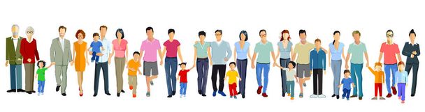 Οικογένειες με παιδιά, γονείς και παππούδες - Διάνυσμα, εικόνα