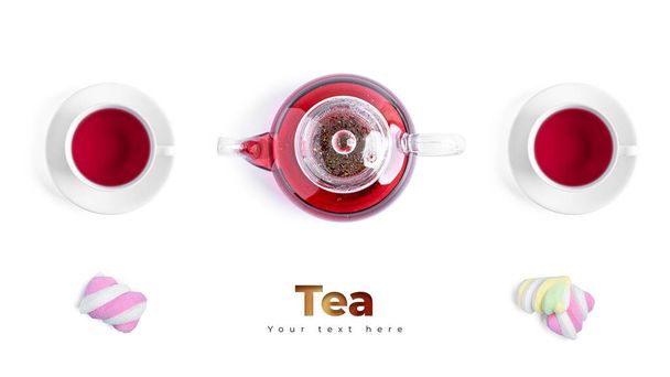 Tetera y té en taza blanca y dulces. Formato de banner de cabecera larga. Panorama página web encabezado banner. Foto de alta calidad - Foto, imagen
