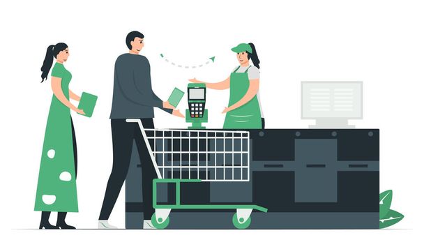 NFC smartphone can pay money in supermarket. This is communication protocols for communication between two electronic devices. This infographic banner was designed by using vintage green color. - Vector, Image