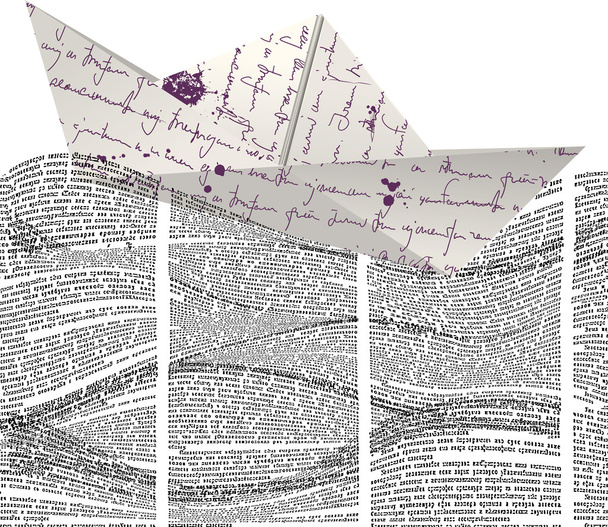papier boot drijvend op golven van krantenkolommen - Vector, afbeelding