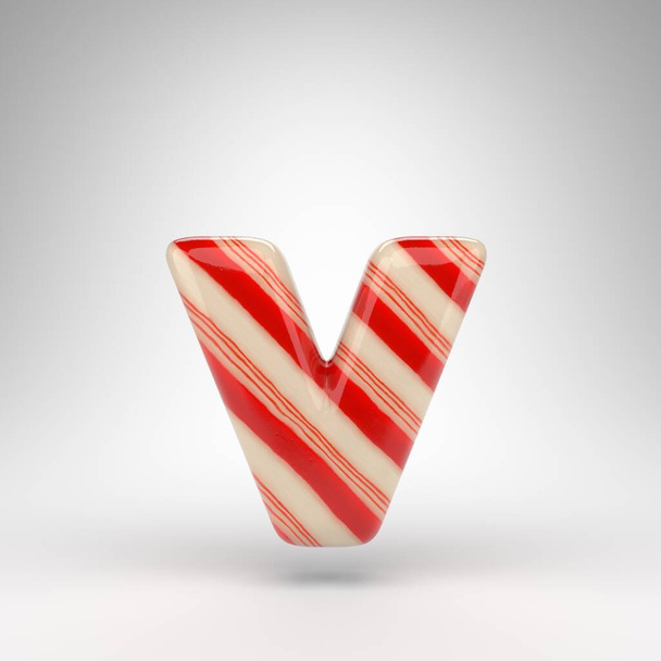 Beyaz arka planda V harfi küçük harf. Şeker kamışı 3D yazı tipi kırmızı ve beyaz çizgiler. - Fotoğraf, Görsel