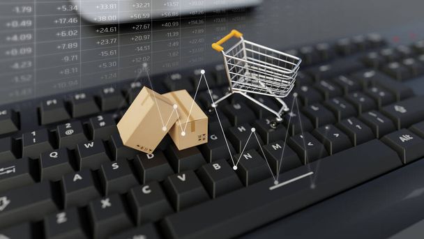 Shopping online. Cardboard box and a shopping cart on a keyboard. Shopping service on the online web. Offers home delivery. - Photo, Image