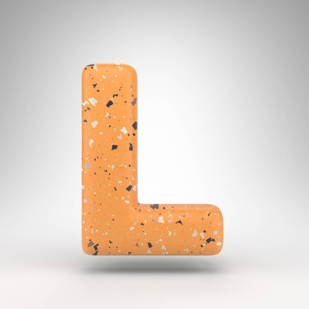Carta L maiúscula sobre fundo branco. Fonte renderizada em 3D com textura laranja padrão terrazzo. - Foto, Imagem