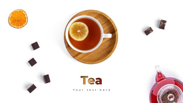 Tè in tazza bianca e dolci. Formato banner intestazione lunga. banner di intestazione del sito web Panorama. Foto di alta qualità - Foto, immagini