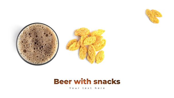 Beer with snacks on a white background. High quality photo - Zdjęcie, obraz