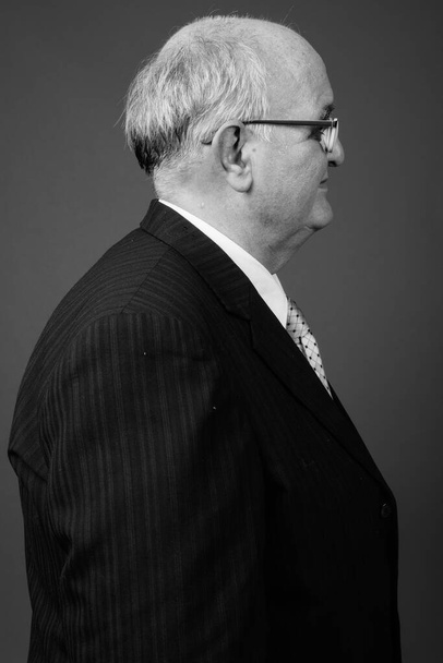 Estudio de tiro de hombre de negocios senior con sobrepeso con anteojos sobre fondo marrón - Foto, Imagen
