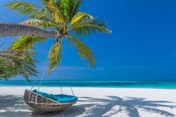 Trooppinen ranta panoraama kesämaisema ranta keinu tai riippumatto roikkuu palmu yli valkoista hiekkaa ja rauhallinen meri ranta banneri. Täydellinen ranta kohtaus loma ja kesäloma malli. Luxury ranta keinona - Valokuva, kuva