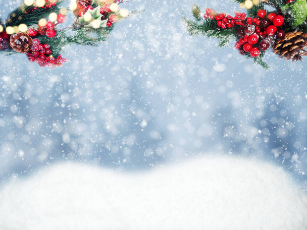 winter christmas background with fir branches cones and snow garland lights - Photo, Image