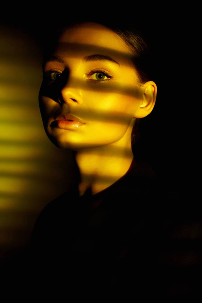 Gün batımı ışığı güzel kızın yüzündeki perdelerin arasından düşüyor. Gölgedeki şehvetli genç kadın - Fotoğraf, Görsel