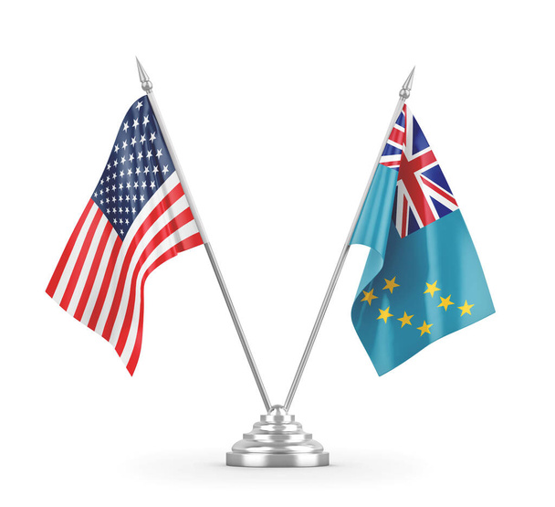 Флаги таблиц Тувалу и США, изолированные на белом 3D рендеринге - Фото, изображение