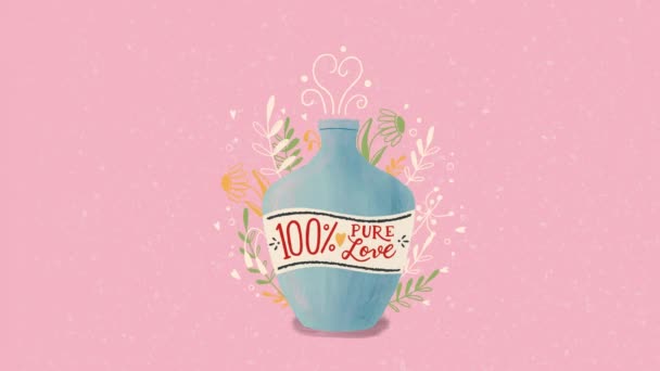 Liebestrank-Flasche mit handgeschriebenem Schriftzug, floralem Dekor und Herzen auf rosa Hintergrund mit Textur. Minimal illustrierte Motion Design Loop Animation. - Filmmaterial, Video