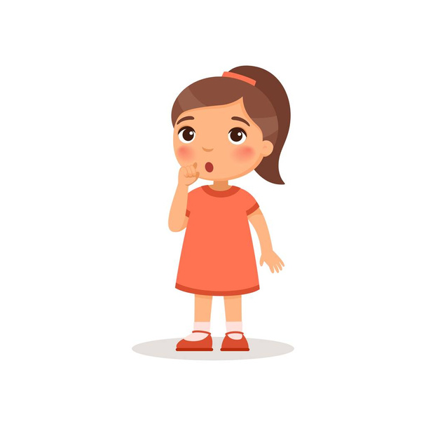 Klein meisje toont stille gebaar platte vector illustratie. Kind in een staande jurk, denkend aan een stripfiguur. Jongen met verwarde gezichtsuitdrukking. Rustig bord geïsoleerd op wit - Vector, afbeelding