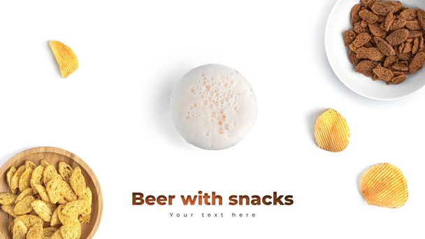 Beer with snacks on a white background. High quality photo - Photo, Image