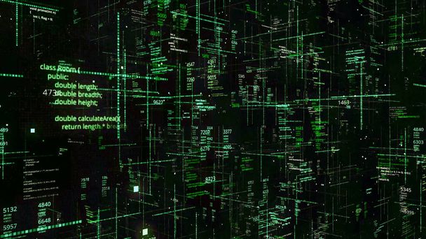 Viele Zahlen und Codes in Matrix. Animation. Raum innerhalb der Matrix mit viel Code und Zahlen auf grünem Hintergrund. Mehrere Programme innerhalb der Matrix - Foto, Bild