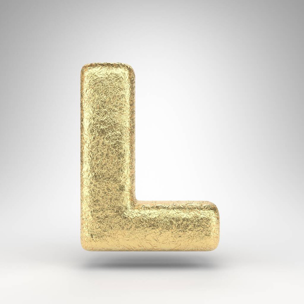 Brief L hoofdletters op witte achtergrond. Gouden folie 3D-gesmolten lettertype met glanzende metalen textuur. - Foto, afbeelding