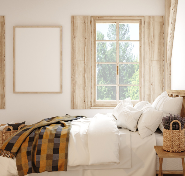 Mock up frame in landelijke stijl slaapkamer interieur, 3d render - Foto, afbeelding
