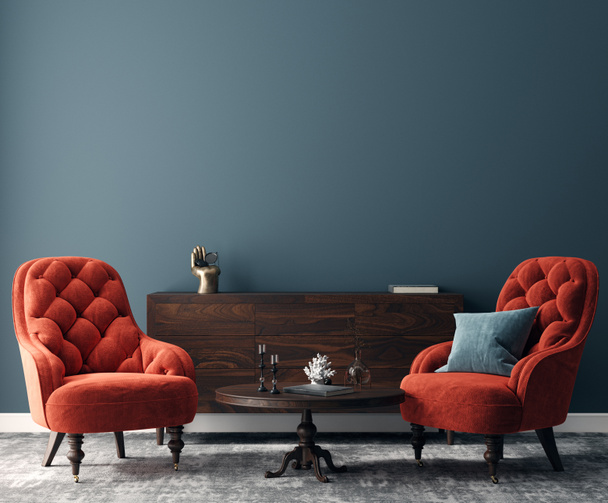Eleganckie ciemne wnętrze z jasnoczerwonymi fotelami, renderowanie 3d - Zdjęcie, obraz