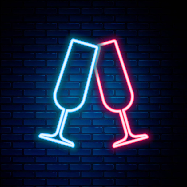 Glowing neon line Glasses of champagne icon isolated on brick wall background. Colorful outline concept. Vector - Vector, Image