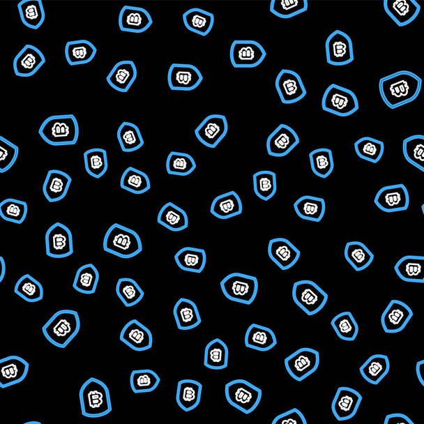 Line Shield mit Bitcoin-Symbol isoliert nahtlose Muster auf schwarzem Hintergrund. Kryptowährungsbergbau, Blockchain-Technologie, Sicherheit, Schutz, digitales Geld. Vektor - Vektor, Bild