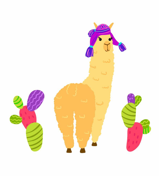 Lamas mignons avec des montagnes et des cactus en vecteur. - Vecteur, image