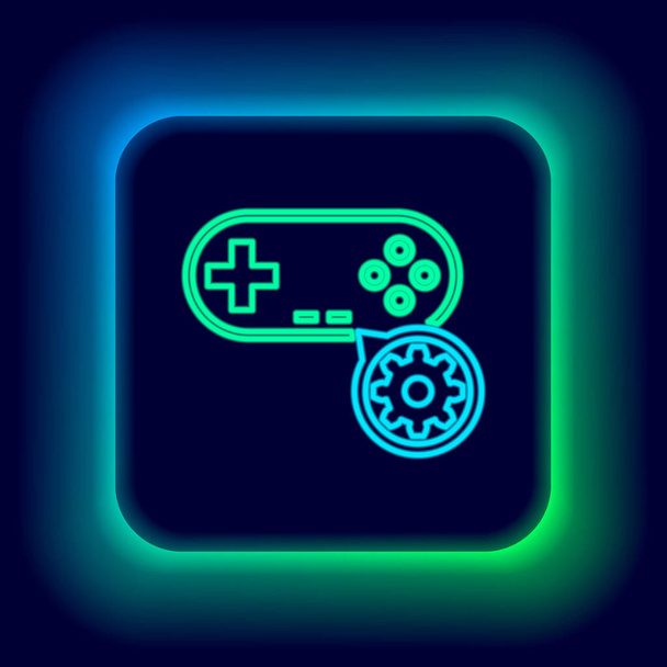 Leuchtendes Neon Line Gamepad und Getriebesymbol isoliert auf schwarzem Hintergrund. Anpassung App, Servicekonzept, Einstellungsmöglichkeiten, Wartung, Reparatur, Reparatur. Buntes Rahmenkonzept. Vektor - Vektor, Bild