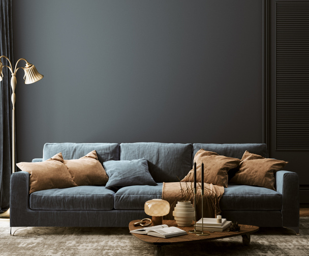 Mock-up interno moderno con divano blu scuro, tavolo e arredamento in soggiorno, rendering 3d - Foto, immagini
