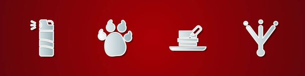 Set Pepper spray, Paw print, Hunter hat with feather and Bird footprint icon. Vector. - Vector, Image