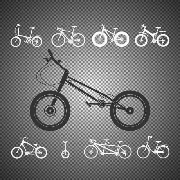 Set von Silhouetten von Fahrrädern isoliert auf transparentem Hintergrund. Vintage, Sport, Berg. Fahrräder. Vektorillustration. - Vektor, Bild