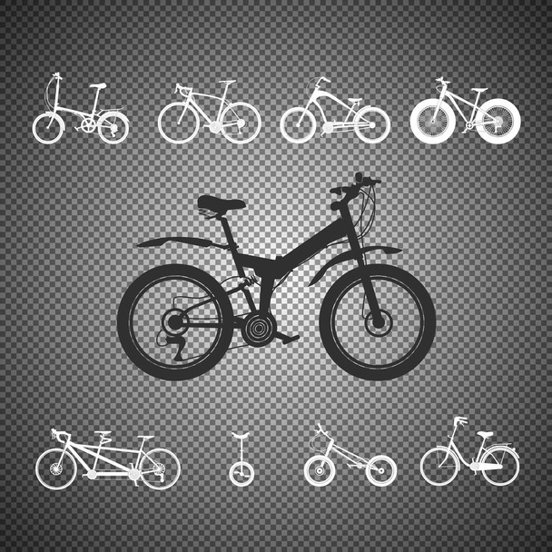 Ensemble de silhouettes de bicyclettes isolées sur fond transparent. Vintage, sport, montagne. bicyclettes. Illustration vectorielle. - Vecteur, image