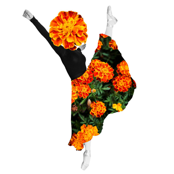 Contemporary modern art collage in magazine style. Ballerina woman ballet dancer dressed in professional outfit, shoes and georgine flowers skirt is demonstrating dancing skill. Flower instead of head - Photo, Image