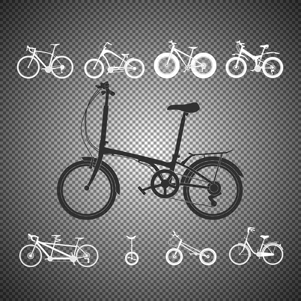 Ensemble de silhouettes de bicyclettes isolées sur fond transparent. Vintage, sport, montagne. bicyclettes. Illustration vectorielle. - Vecteur, image
