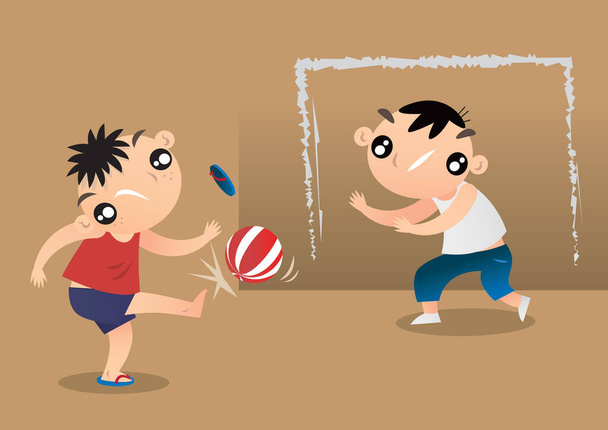 Двоє малих дітей грають у футбол з невеликим пластиковим м'ячем у давні часи. Цей маленький пластиковий м'яч вважається одним з знакових вінтажних об'єктів старого Гонконгу.. - Вектор, зображення